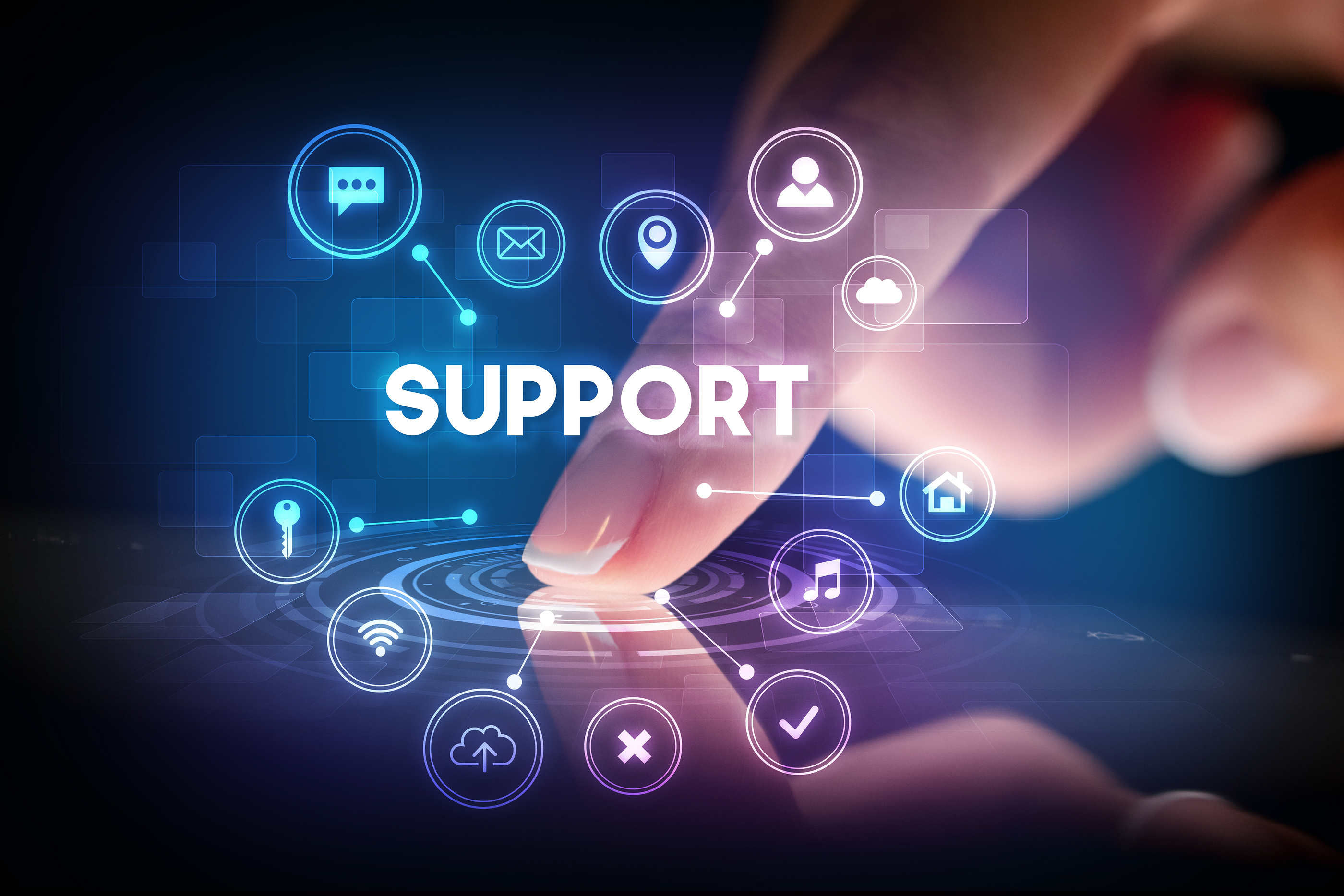 Finger touching tablet with web technology icons and SUPPORT inscription, web technology concept